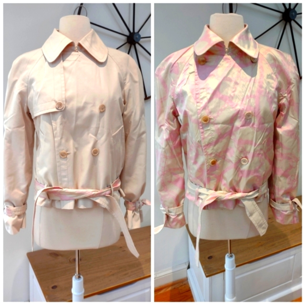 Moschino Aeffe Spa reversible khaki/pink patterned silk jacket 8 EUC $1300